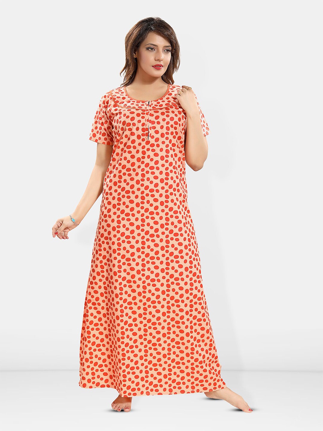 

Be You Polka Dots Printed Round Neck Pure Cotton Maxi Nightdress, Orange