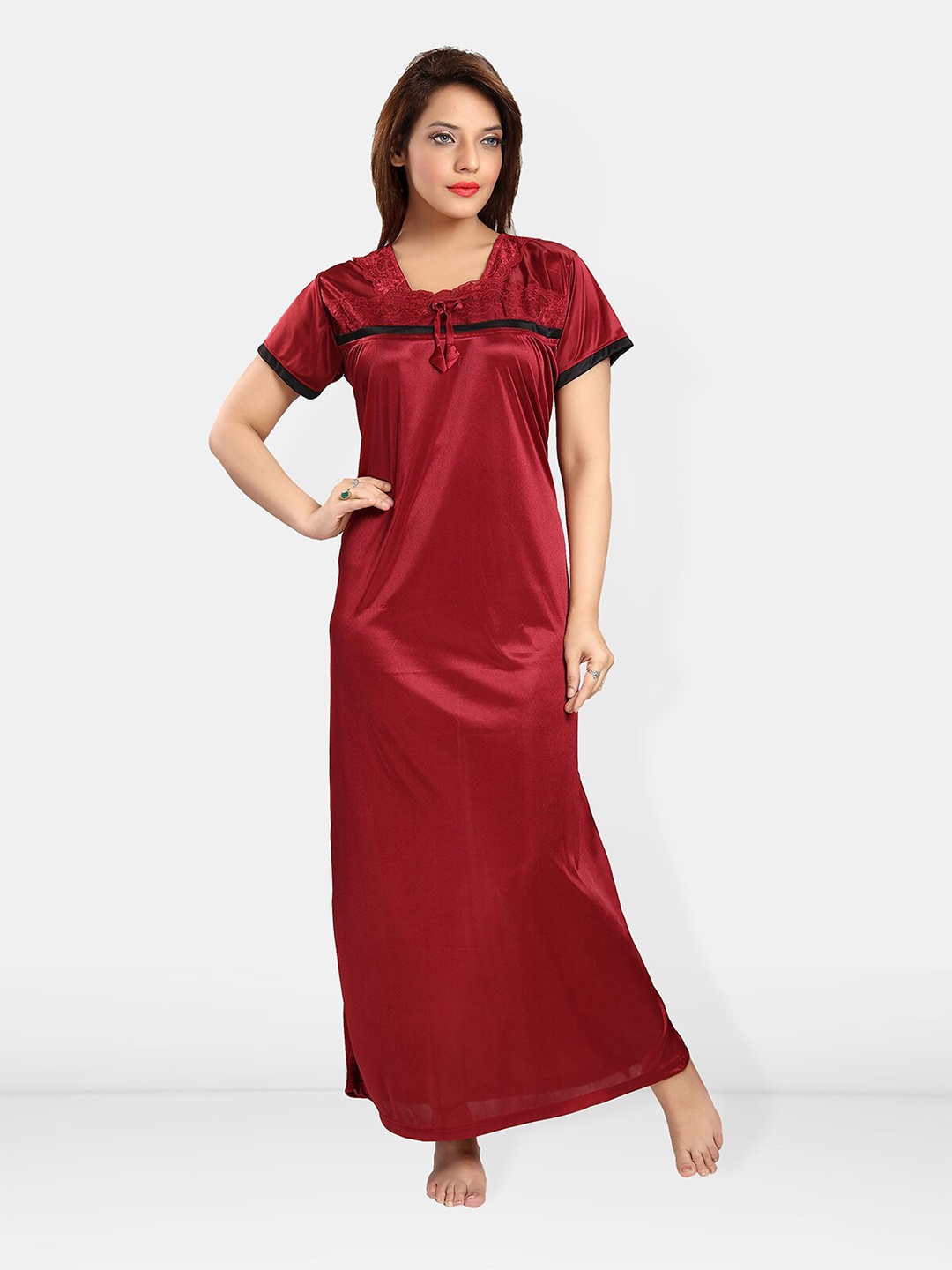 

Be You Self Design Square Neck Satin Maxi Nightdress, Maroon