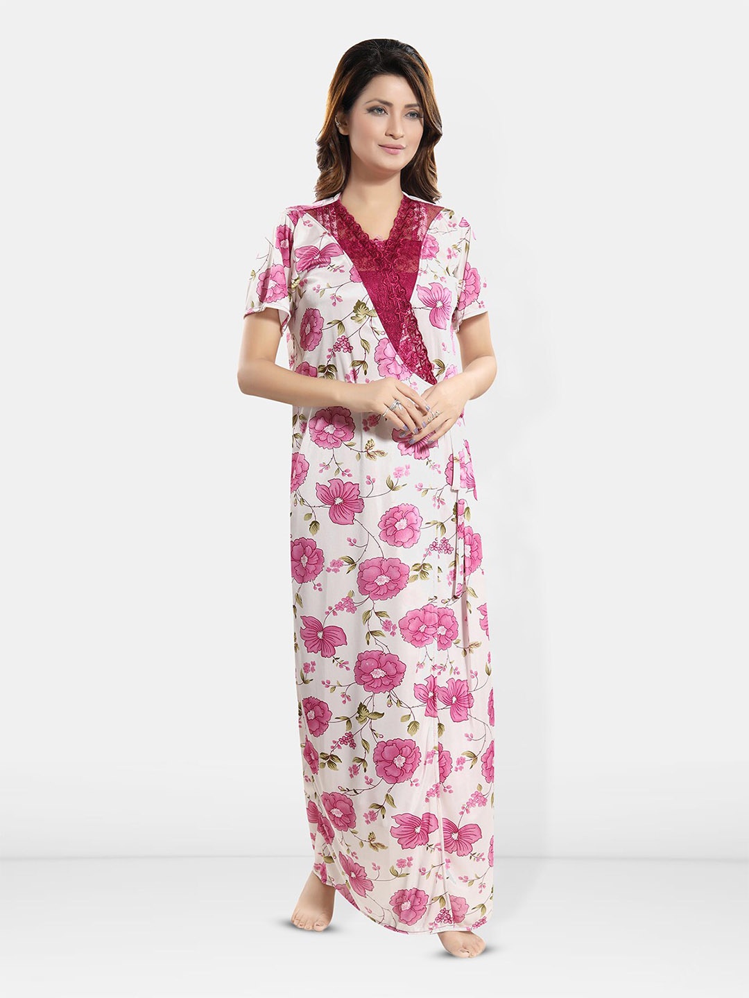 

Be You Floral Printed Short Sleeves Satin Maxi Robe, Magenta