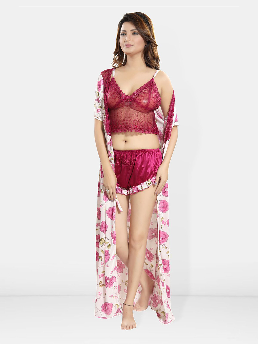 

Be You Self Design Shoulder Strap Satin Nightdress & Robe, Magenta