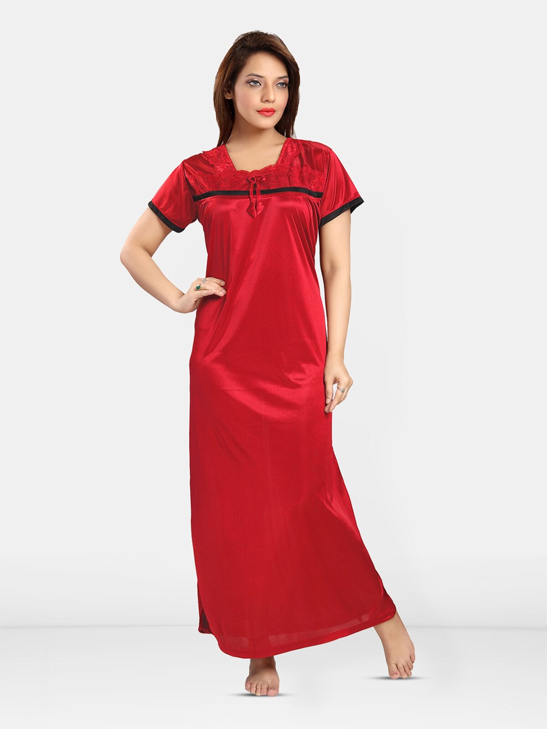 

Be You Self Design Square Neck Satin Maxi Nightdress, Red