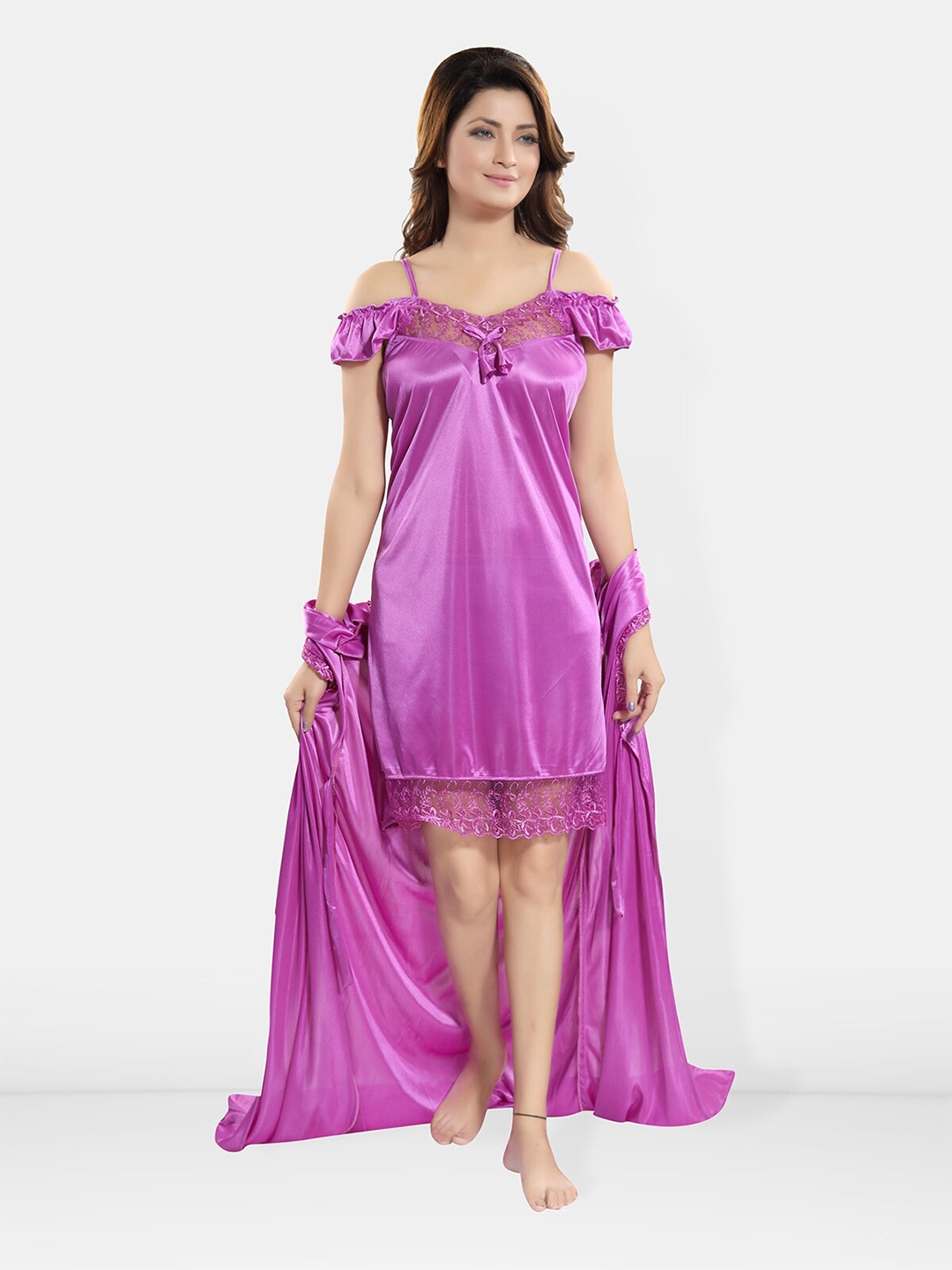 

Be You Shoulder Straps Satin Nightdress & Robe, Purple