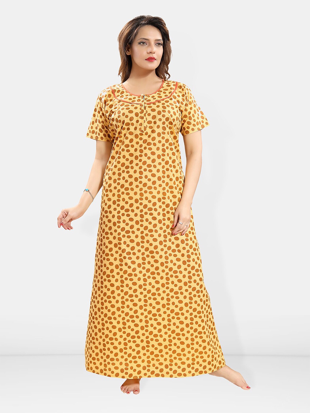 

Be You Polka Dot Printed Cotton Maxi Nightdress, Yellow