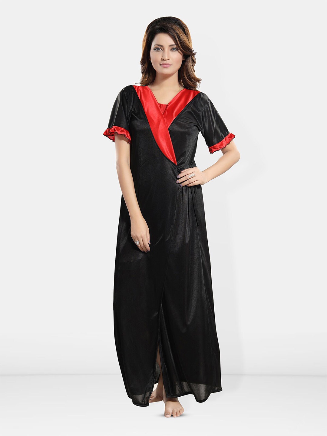 

Be You Short Sleeves Satin Maxi Robe, Black
