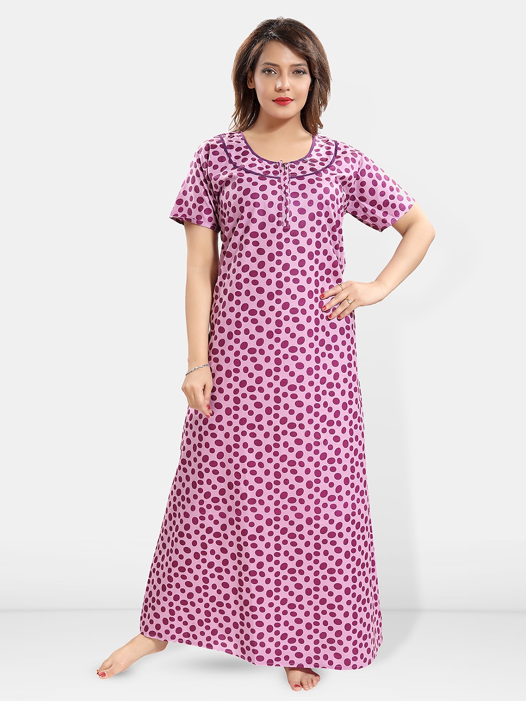 

Be You Polka Dots Printed Round Neck Pure Cotton Maxi Nightdress, Pink