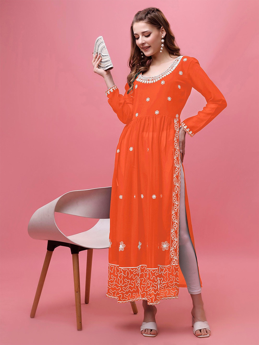 

FabFairy Round Neck Floral Embroidered Thread Work Straight Kurta, Orange