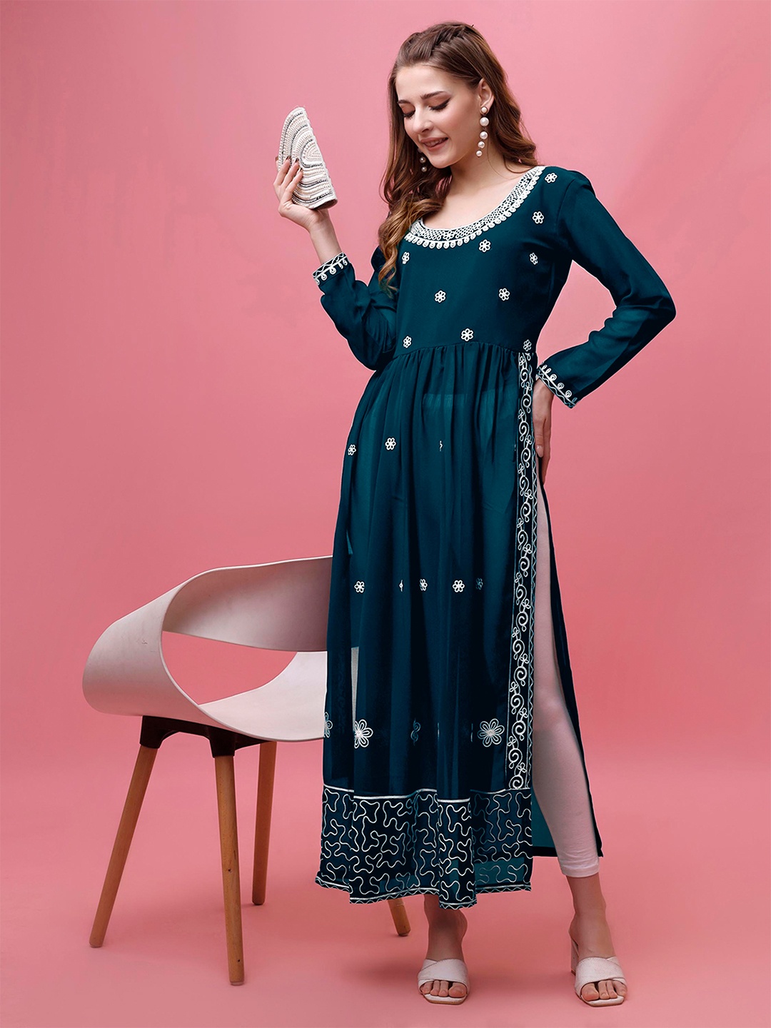 

FabFairy Floral Embroidered Georgette A-Line Kurta, Blue