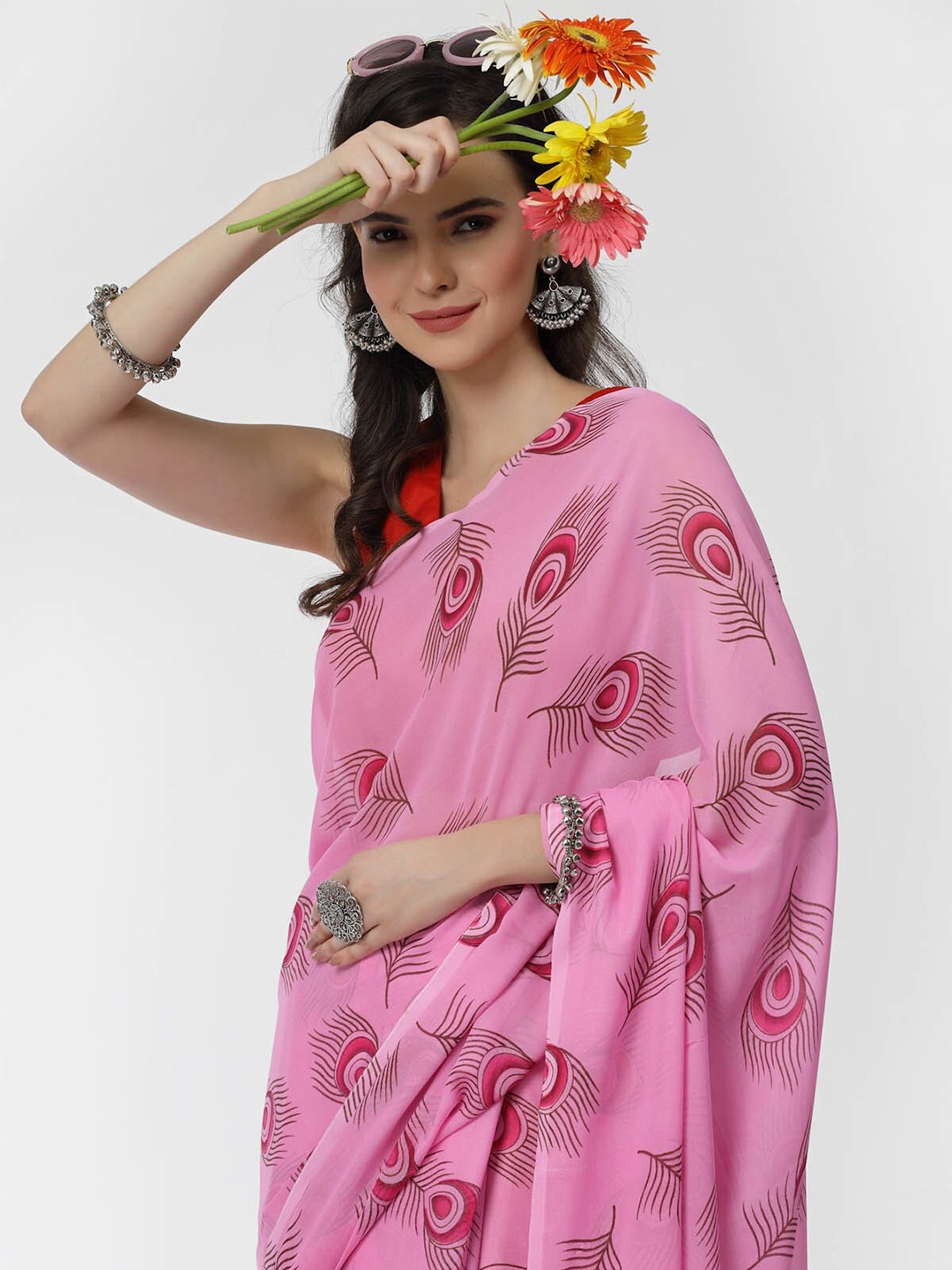 

ISHQY Floral Pure Georgette Saree, Pink