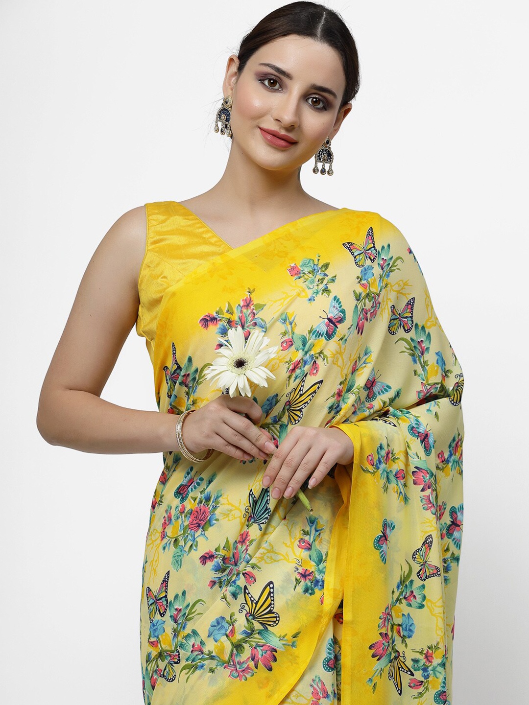 

ISHQY Floral Pure Georgette Saree, Yellow
