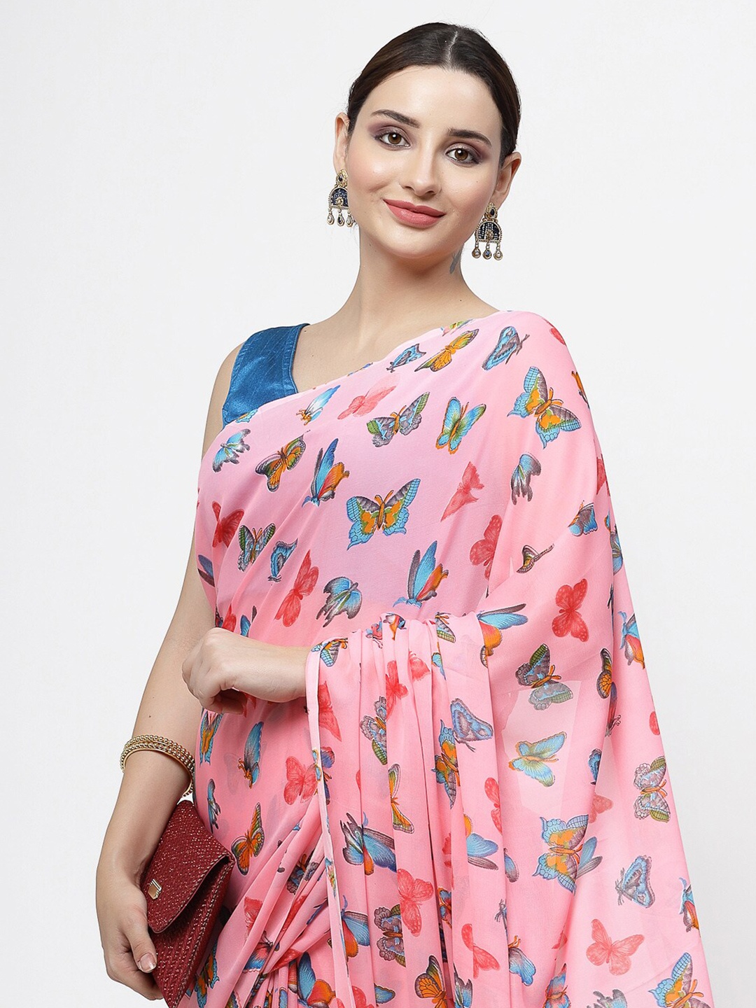 

ISHQY Floral Pure Georgette Saree, Pink