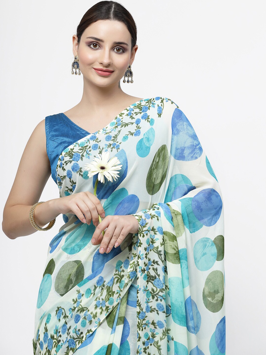 

ISHQY Floral Pure Georgette Saree, Blue