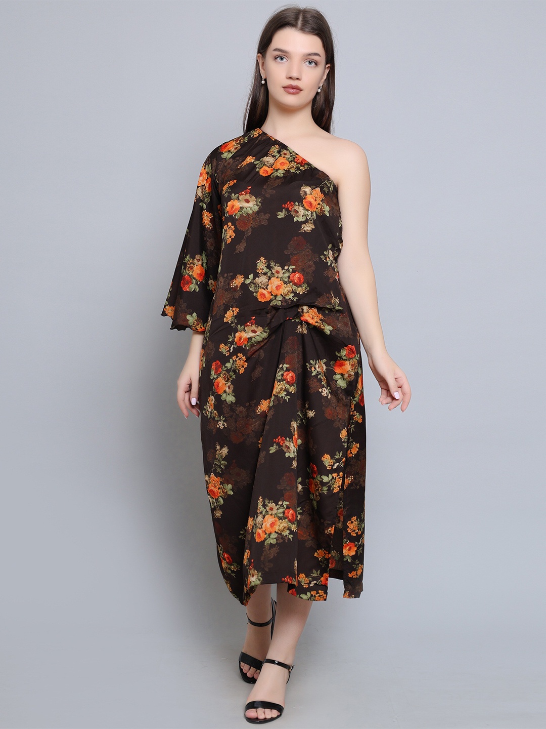 

Baawri Floral Printed One Shoulder Flared Sleeve Fit & Flare Midi Dress, Brown