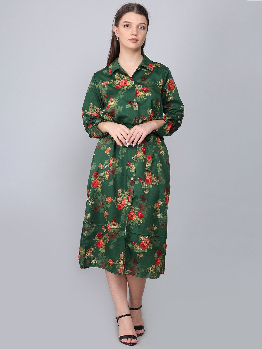 

Baawri Floral Print Crepe Shirt Midi Dress, Green