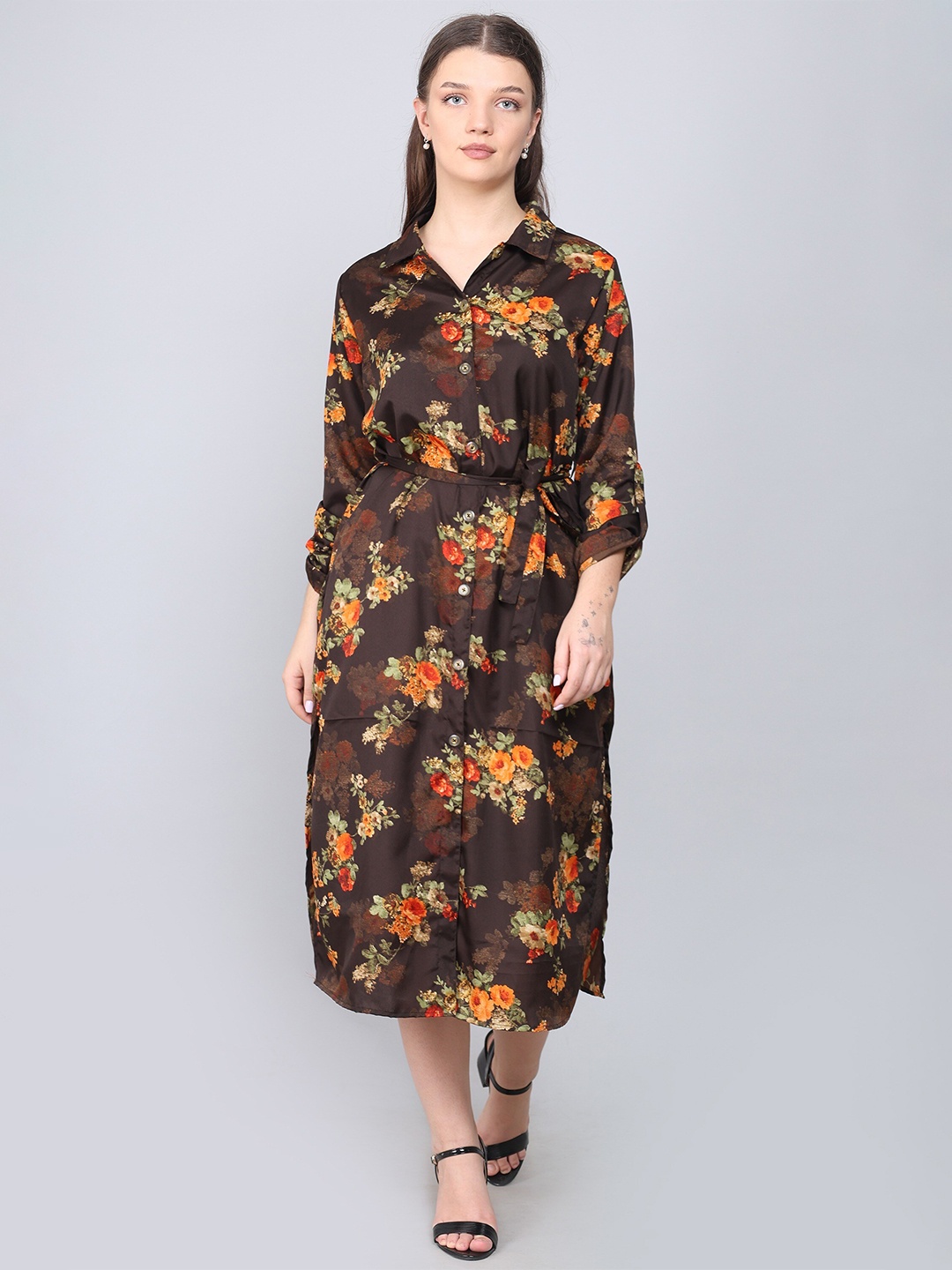 

Baawri Floral Print Crepe Shirt Midi Dress, Brown