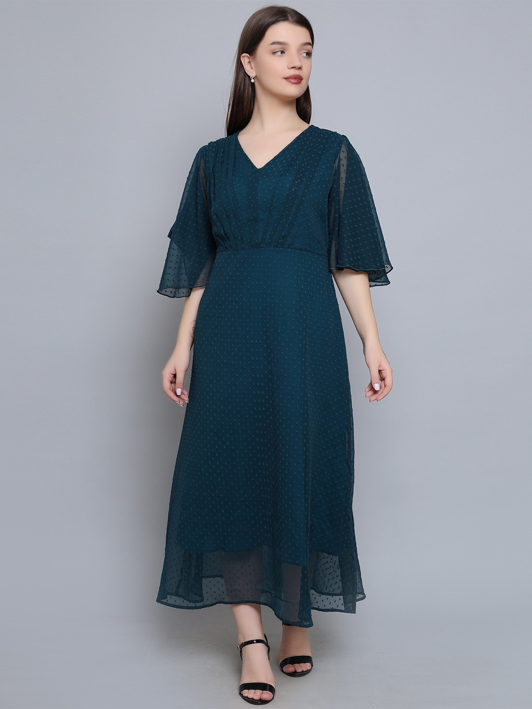 

Baawri Gathered Or Pleated Flared Sleeve Georgette Maxi Dress, Teal