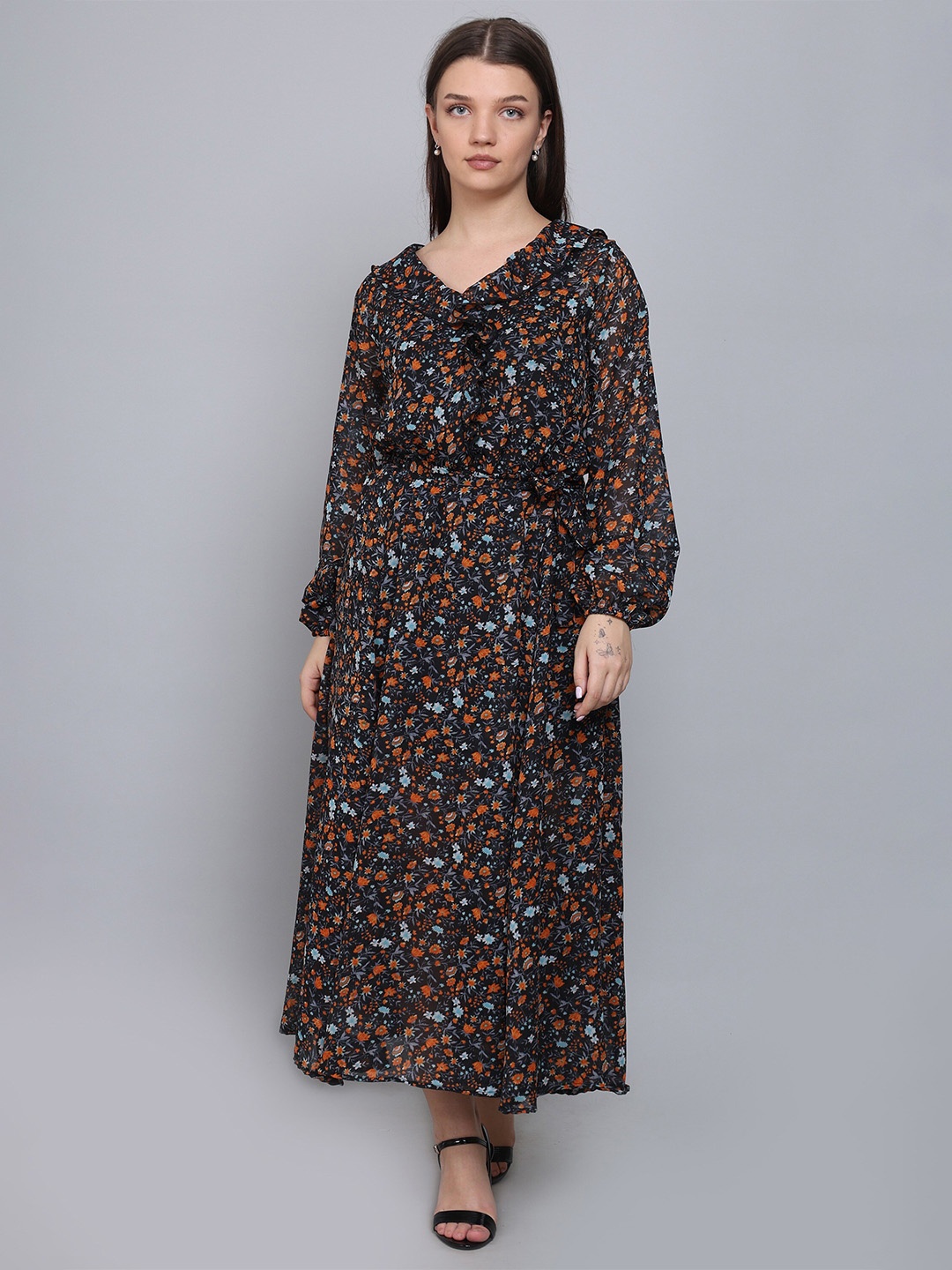 

Baawri Floral Print Puff Sleeve Ruffled Georgette Maxi Dress, Black