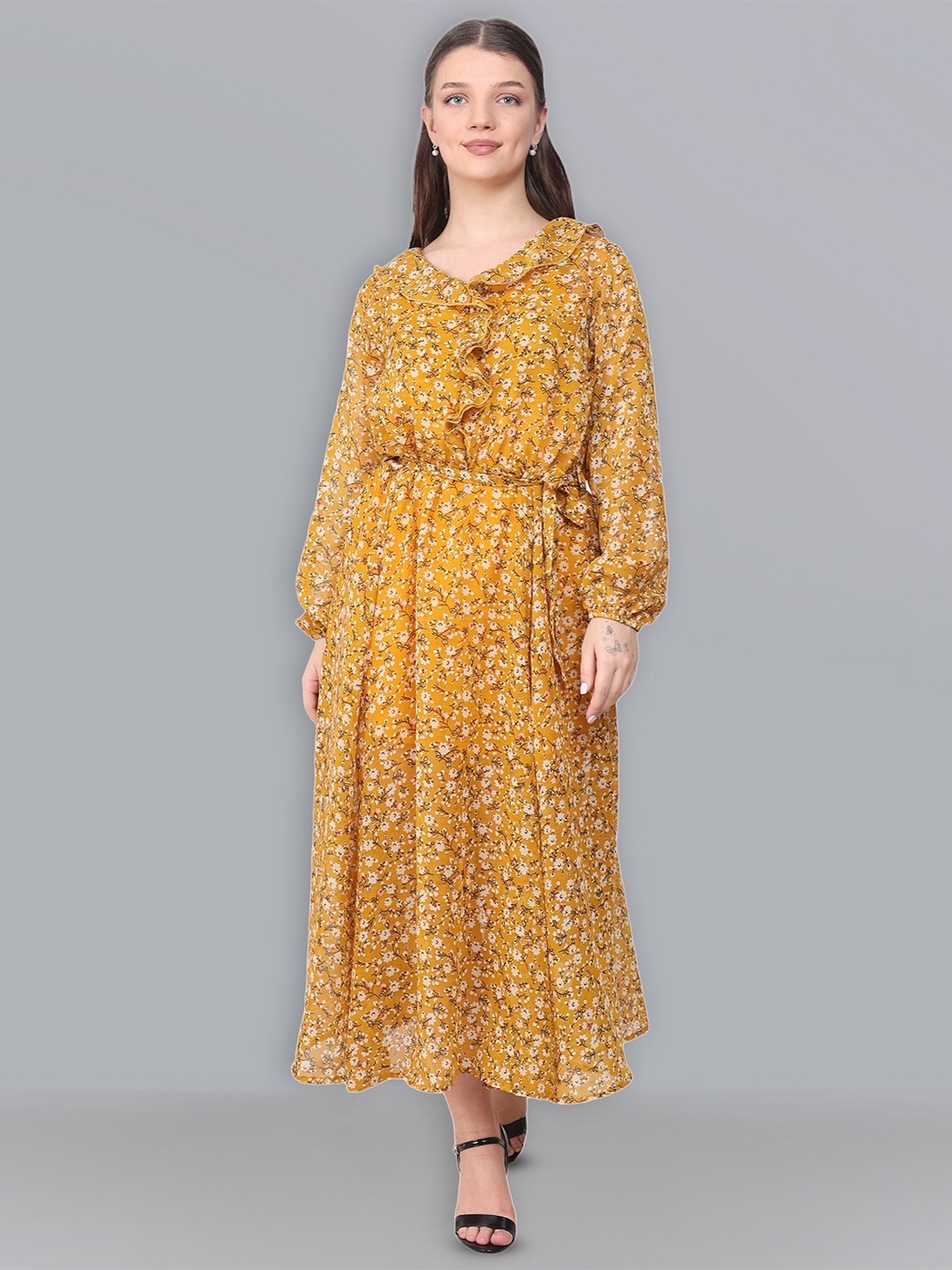 Baawri Floral Print Round Neck Long Puff Sleeve Ruffled Maxi Dress, Yellow
