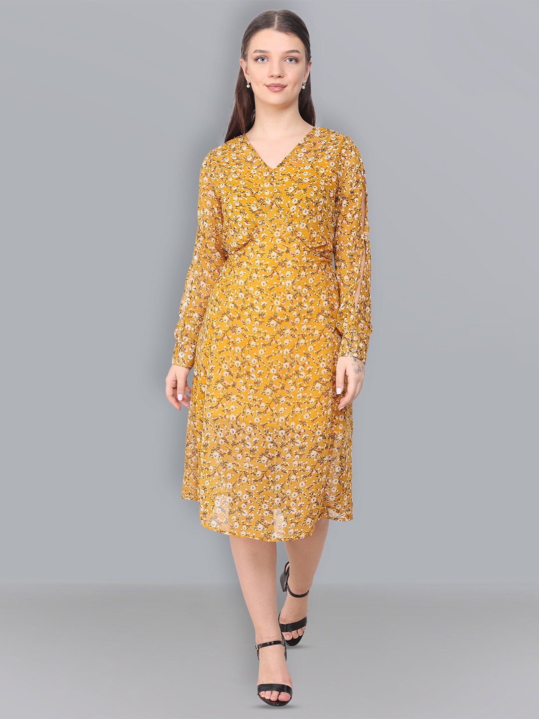 

Baawri Floral Printed Ruffled Georgette A-Line Midi Dress, Yellow