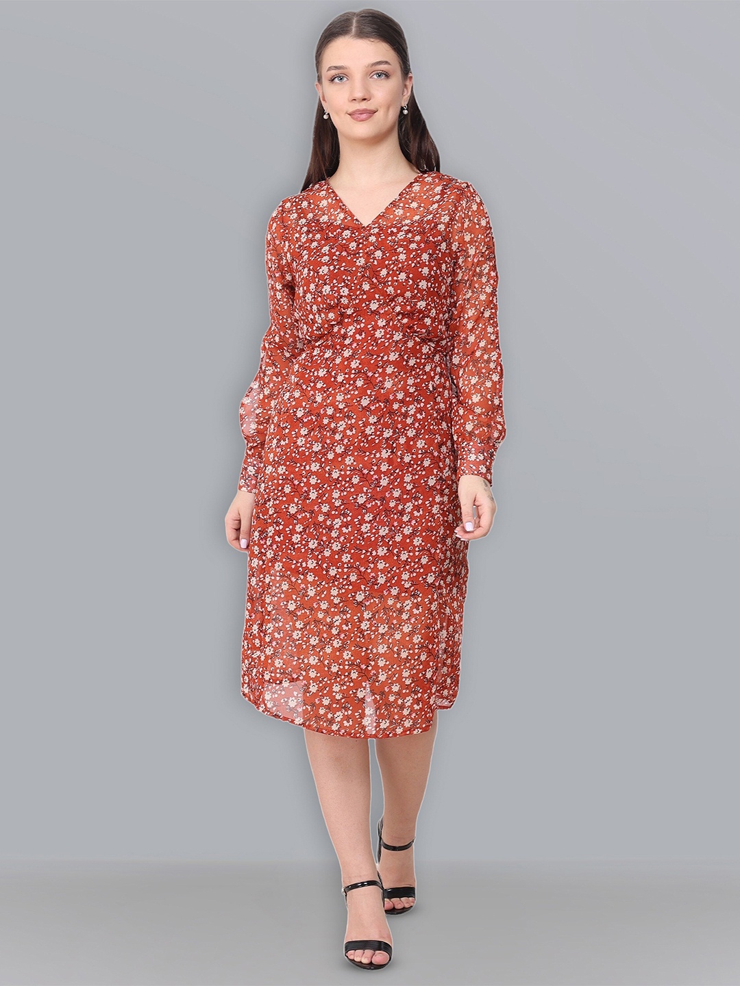 

Baawri Floral Printed Puff Sleeve Ruffled Georgette Midi Dress, Rust