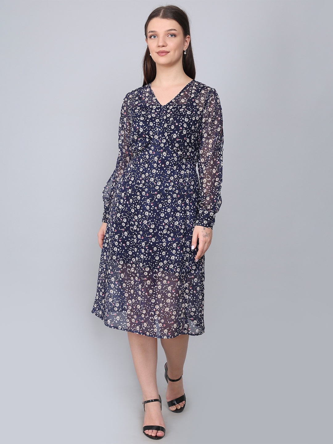

Baawri Floral Printed Puff Sleeve Ruffled Georgette Fit & Flare Midi Dress, Blue