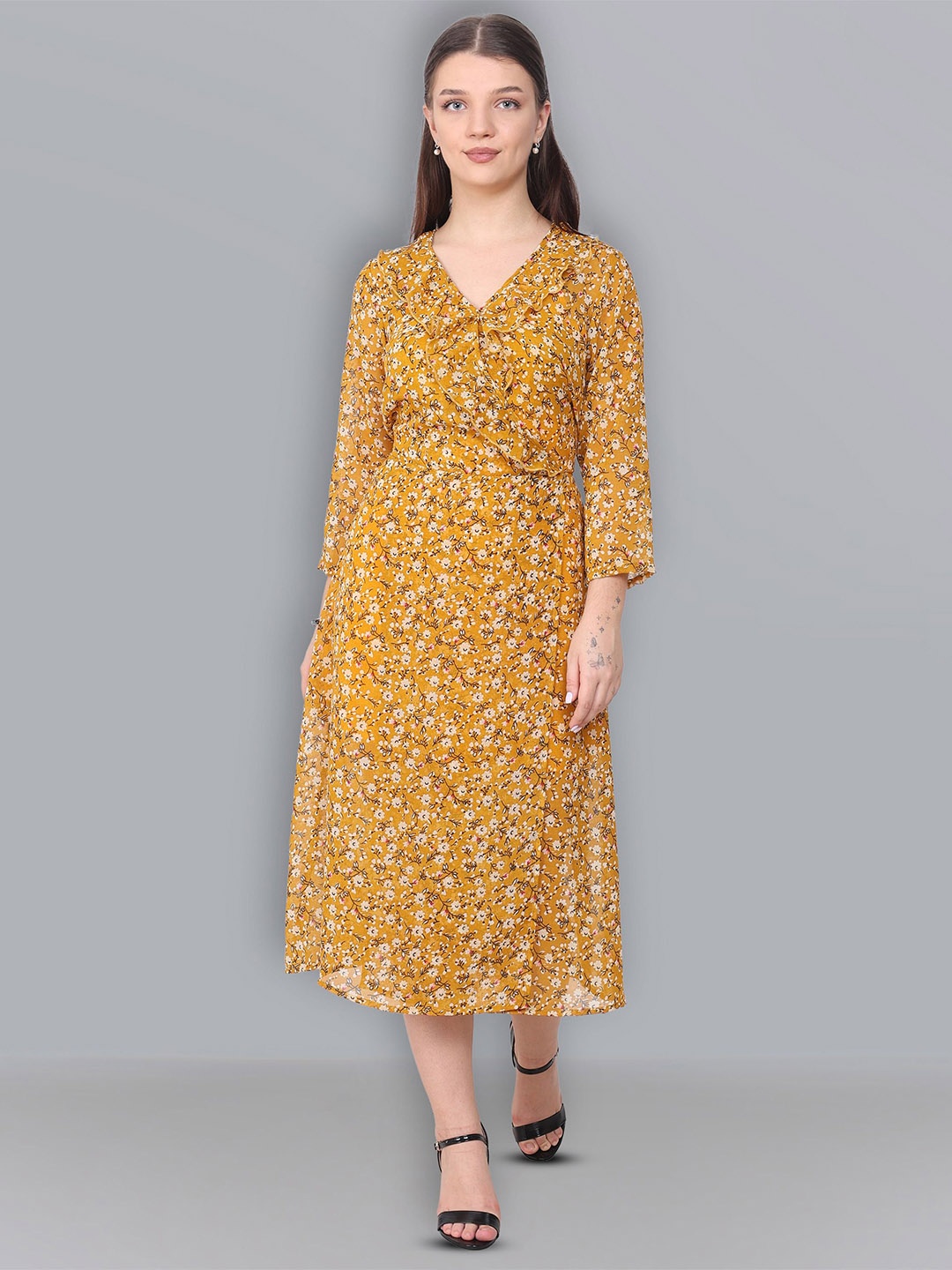 

Baawri Floral Printed Ruffled Georgette A-Line Midi Dress, Yellow