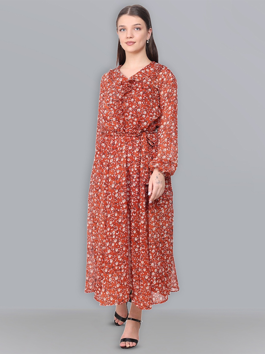 

Baawri Floral Print Bishop Sleeves Ruffled Maxi Dress, Rust