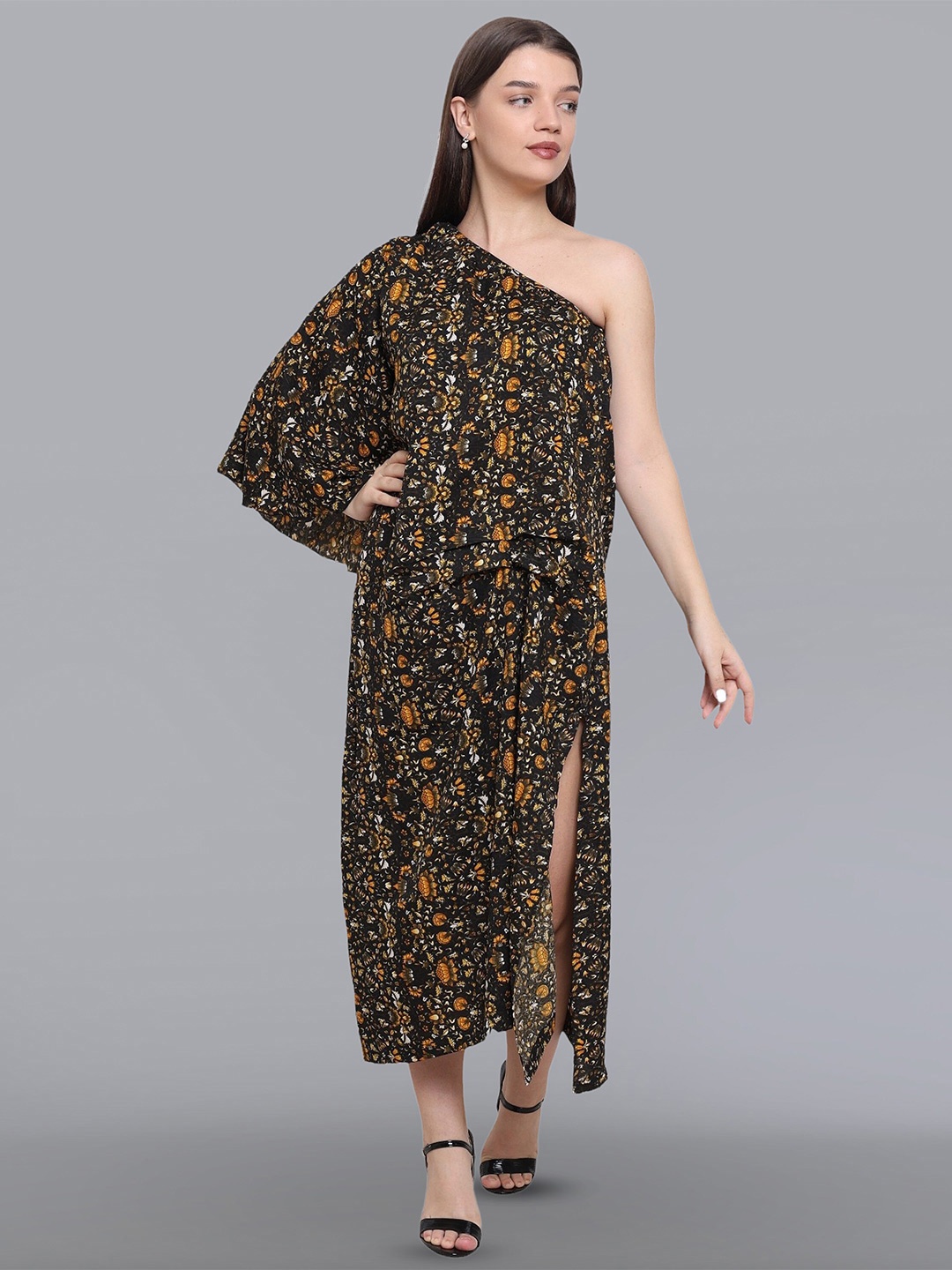 

Baawri Floral Print One Shoulder Flared Sleeve Crepe Maxi Dress, Mustard