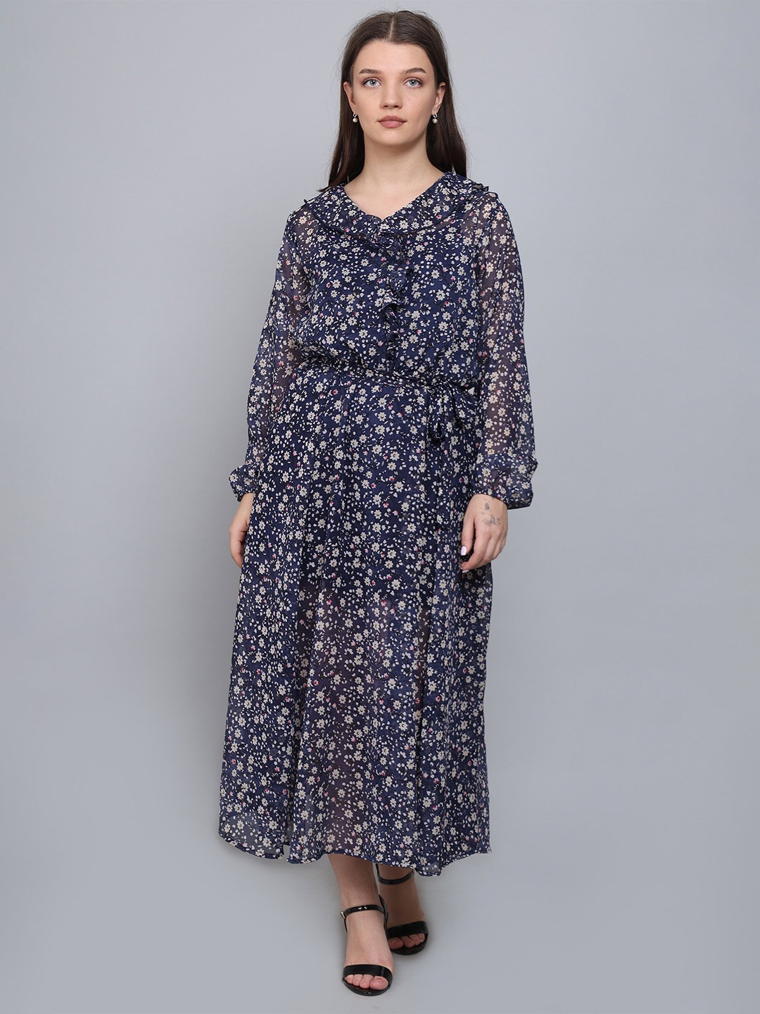 

Baawri Floral Printed Puff Sleeve Ruffled Fit and Flare Dress, Blue