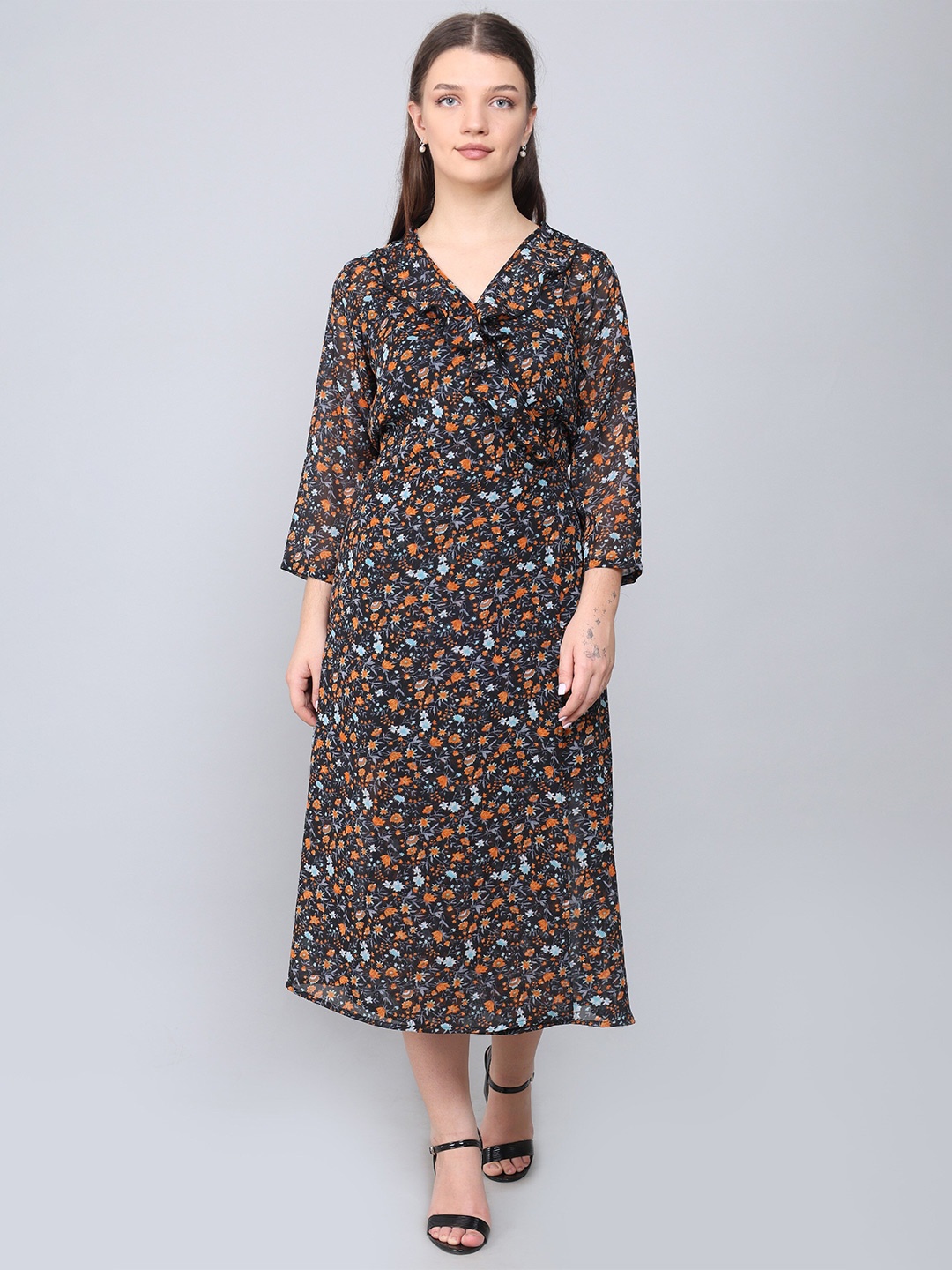

Baawri Floral Print Ruffled Georgette Fit & Flare Midi Dress, Black