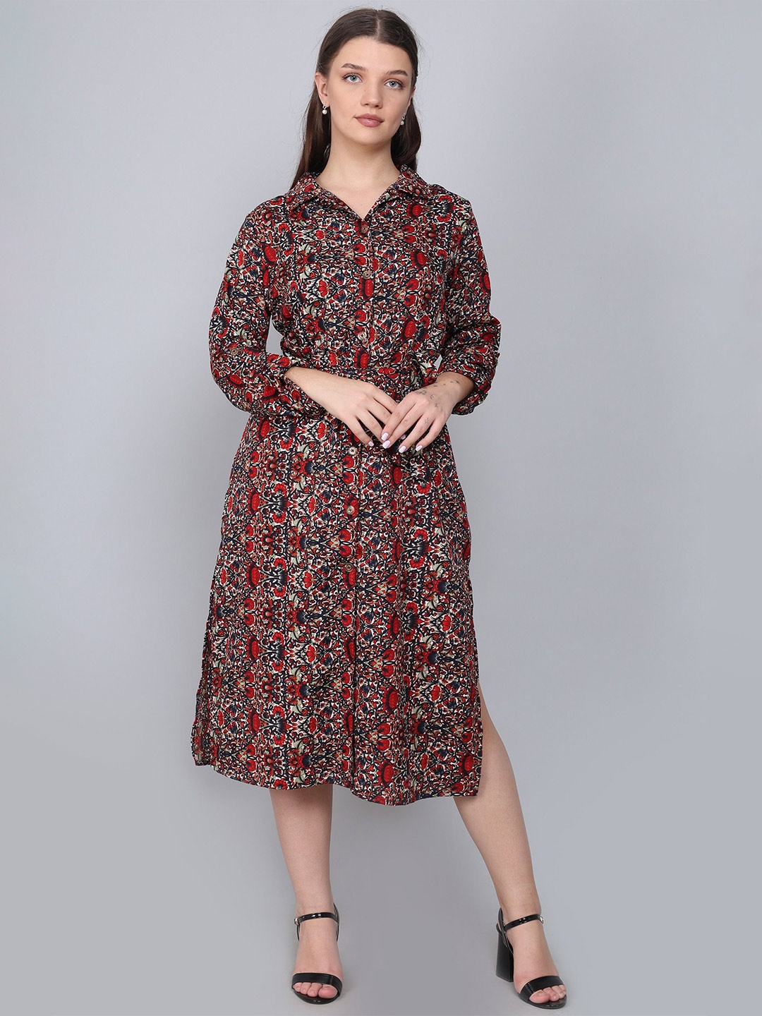 

Baawri Ethnic Motifs Printed Shirt Style Midi Dress, Red