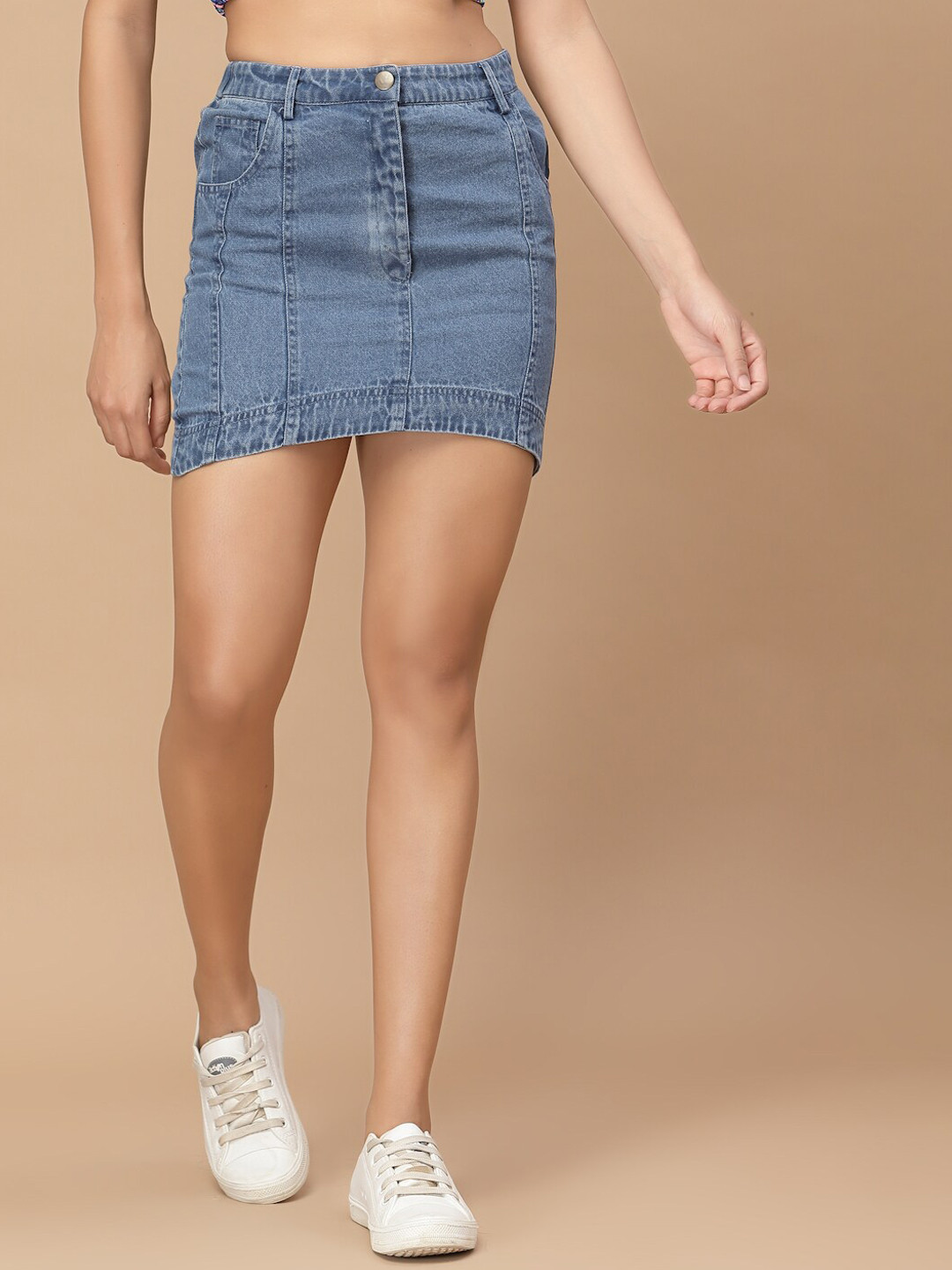 

HOUSE OF KKARMA Pure Cotton Straight Above Knee Denim Skirt, Navy blue