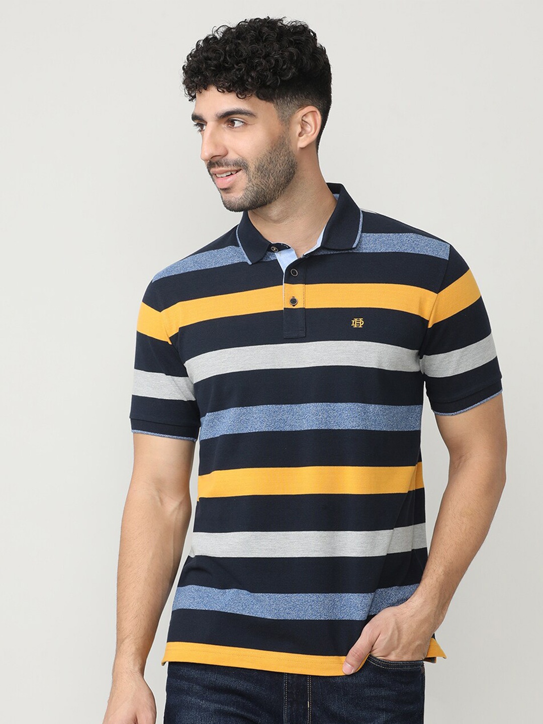 

DRAGON HILL Striped Polo Collar Slim Fit Cotton T-shirt, Navy blue