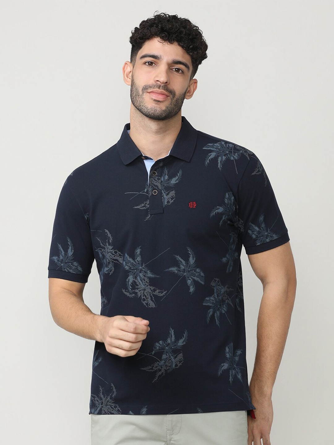 

DRAGON HILL Floral Printed Polo Collar Slim Fit Cotton T-shirt, Navy blue