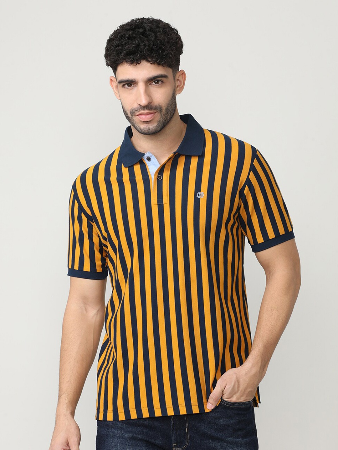 

DRAGON HILL Striped Polo Collar Slim Fit Cotton T-shirt, Mustard