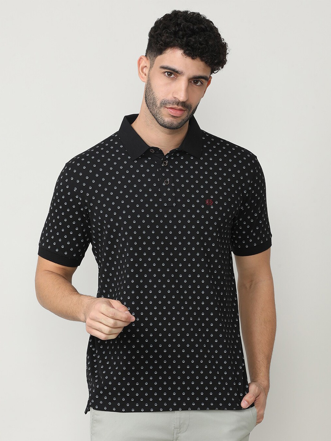 

DRAGON HILL Geometric Printed Polo Collar Slim Fit Cotton T-shirt, Black