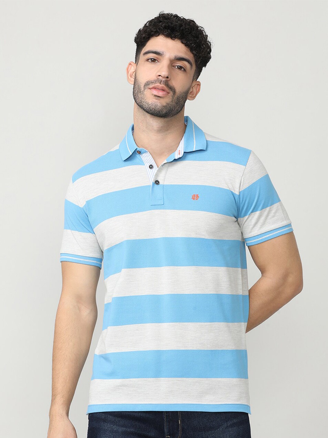 

DRAGON HILL Striped Polo Collar Slim Fit Cotton T-shirt, Blue