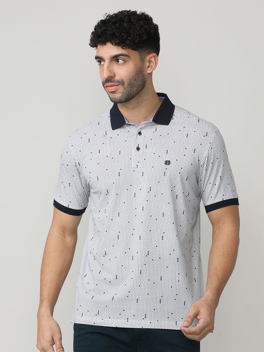 

DRAGON HILL Printed Polo Collar Slim Fit Cotton T-shirt, White