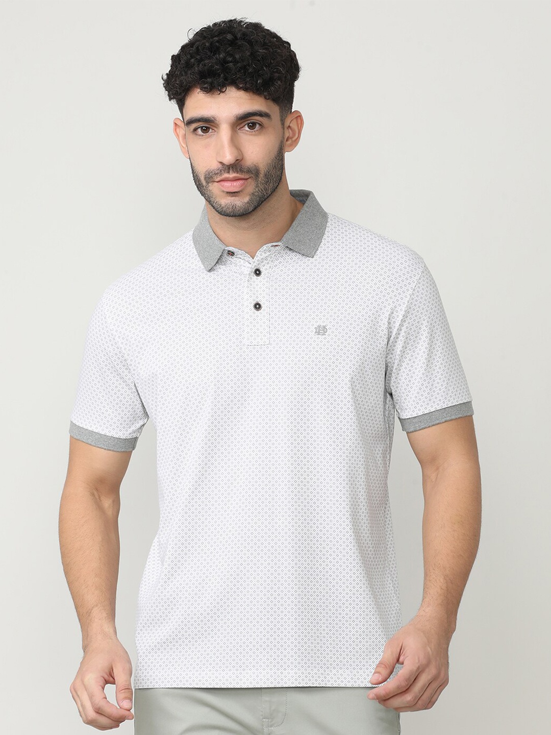 

DRAGON HILL Geometric Printed Polo Collar Slim Fit Cotton T-shirt, White