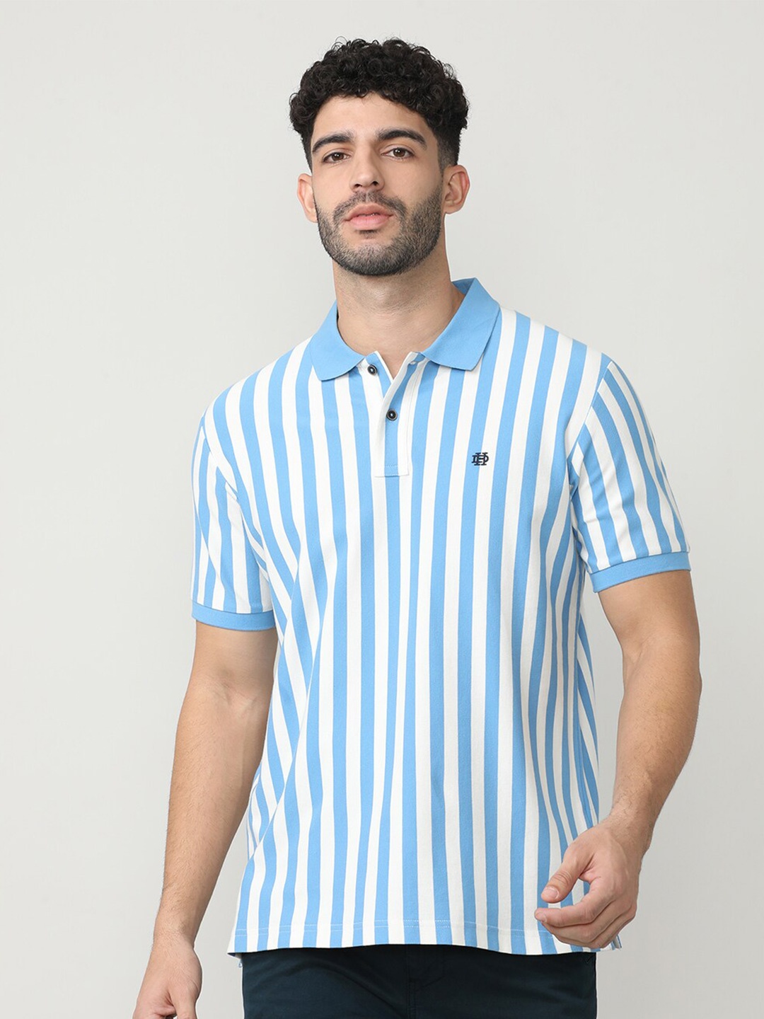 

DRAGON HILL Striped Polo Collar Slim Fit Cotton T-shirt, Blue