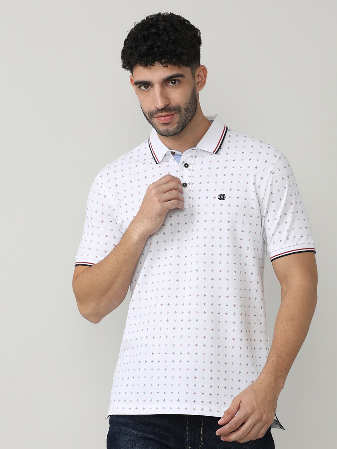 

DRAGON HILL Printed Polo Collar Cotton Slim Fit T-shirt, White