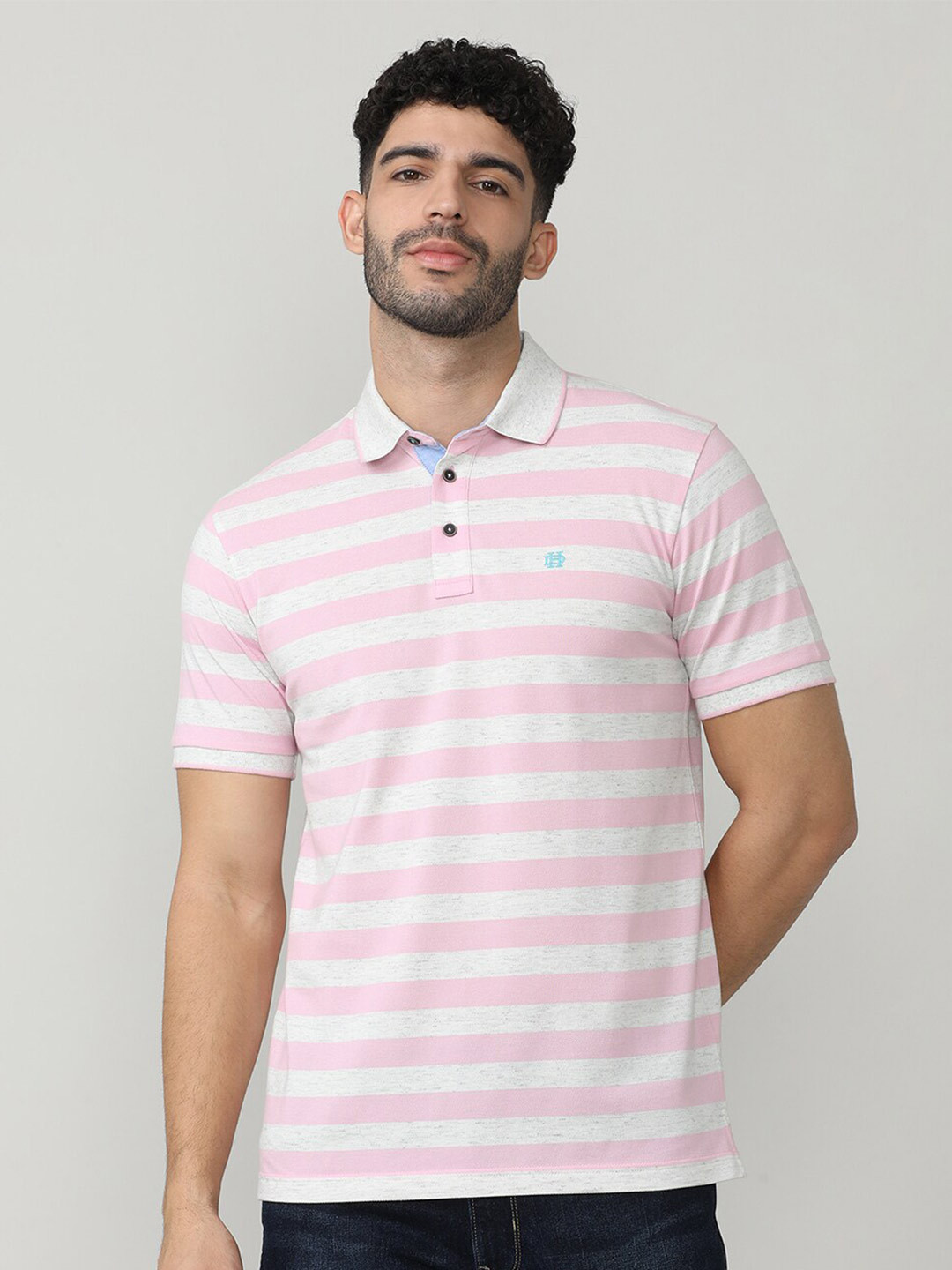 

DRAGON HILL Striped Polo Collar Slim Fit Cotton T-shirt, Pink