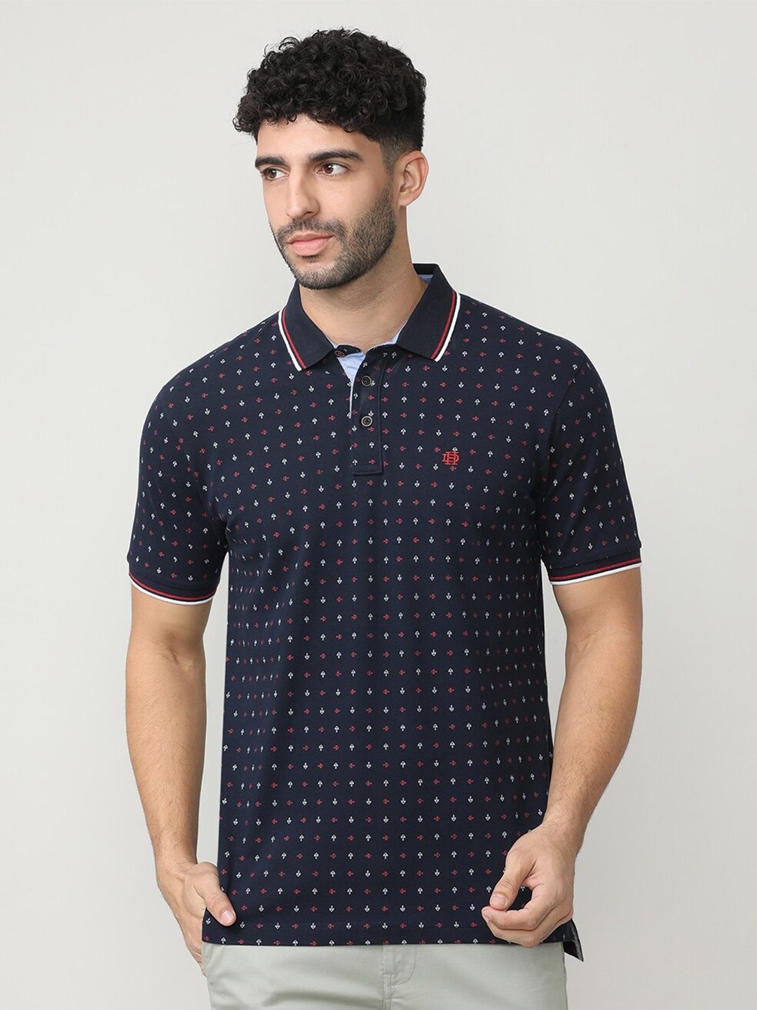 

DRAGON HILL Slim Fit Polka Dot Printed Polo Collar Cotton T-shirt, Navy blue