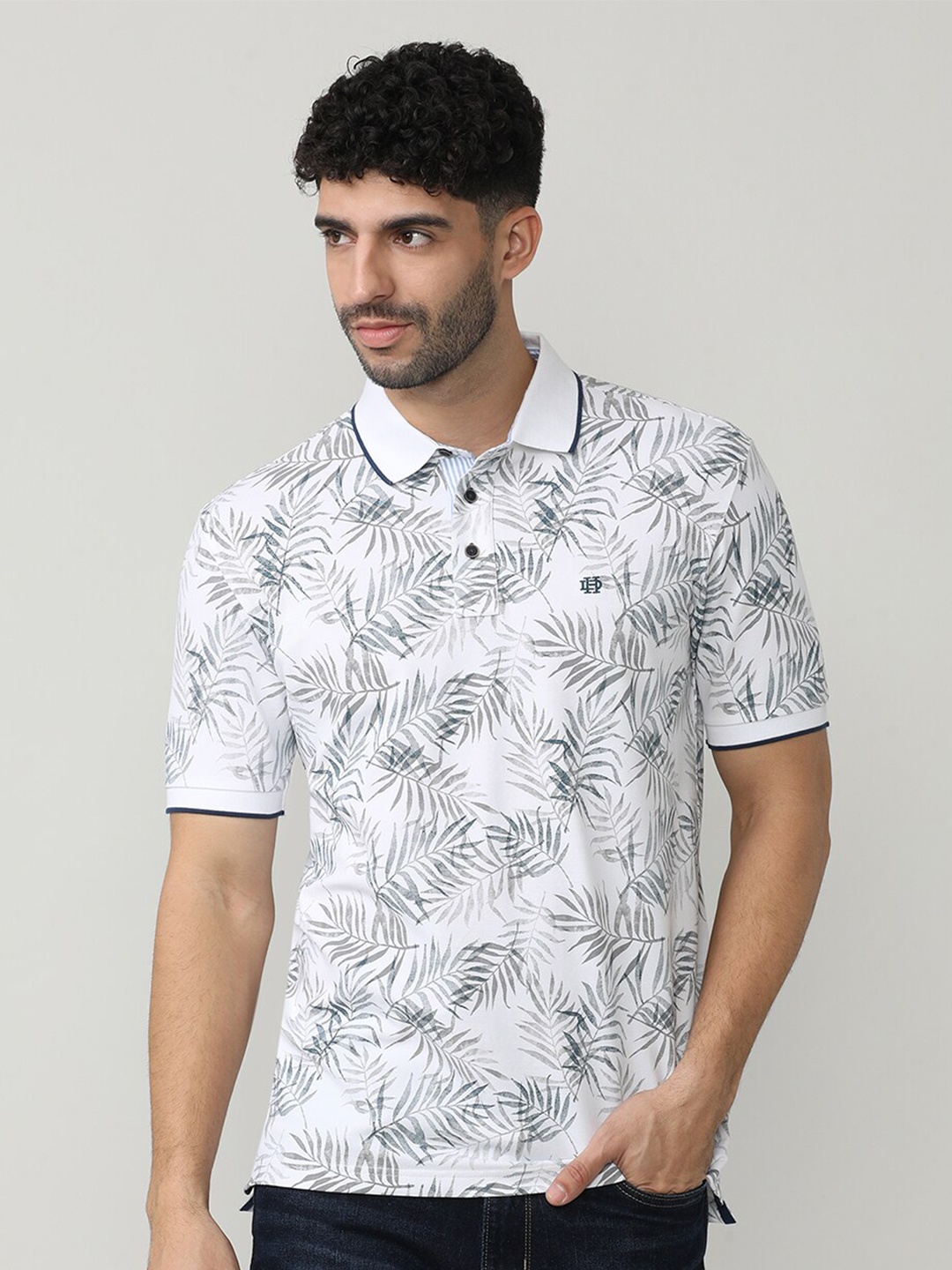 

DRAGON HILL Floral Printed Polo Collar Slim Fit Cotton T-shirt, White