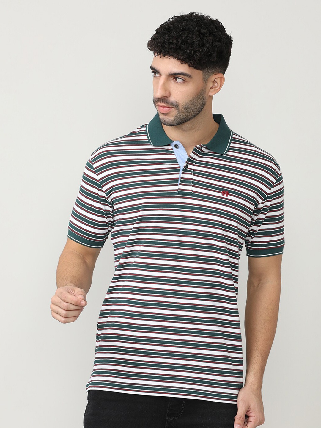 

DRAGON HILL Striped Polo Collar Cotton Slim Fit T-shirt, Green