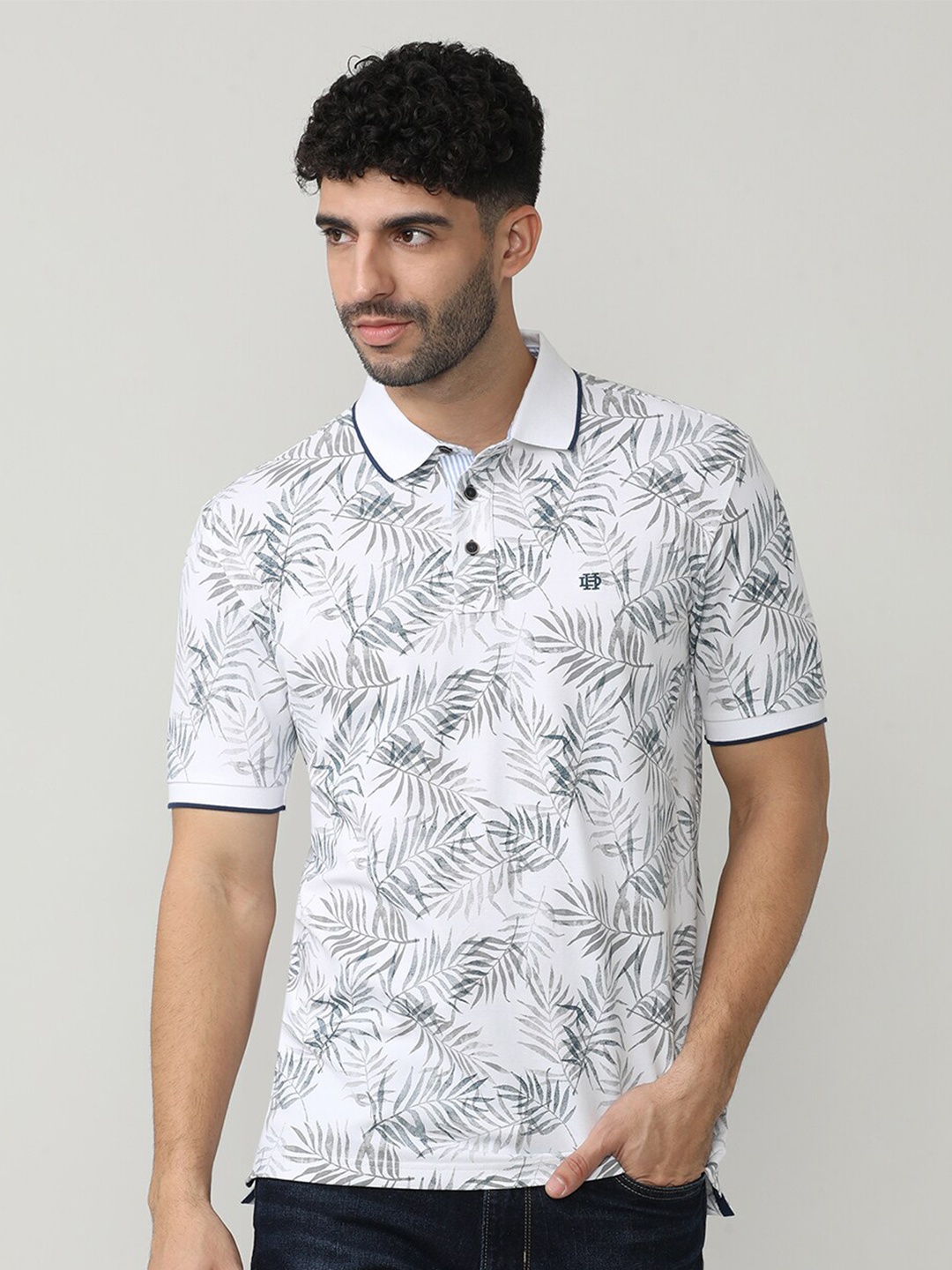 

DRAGON HILL Floral Printed Polo Collar Slim Fit Cotton T-shirt, White