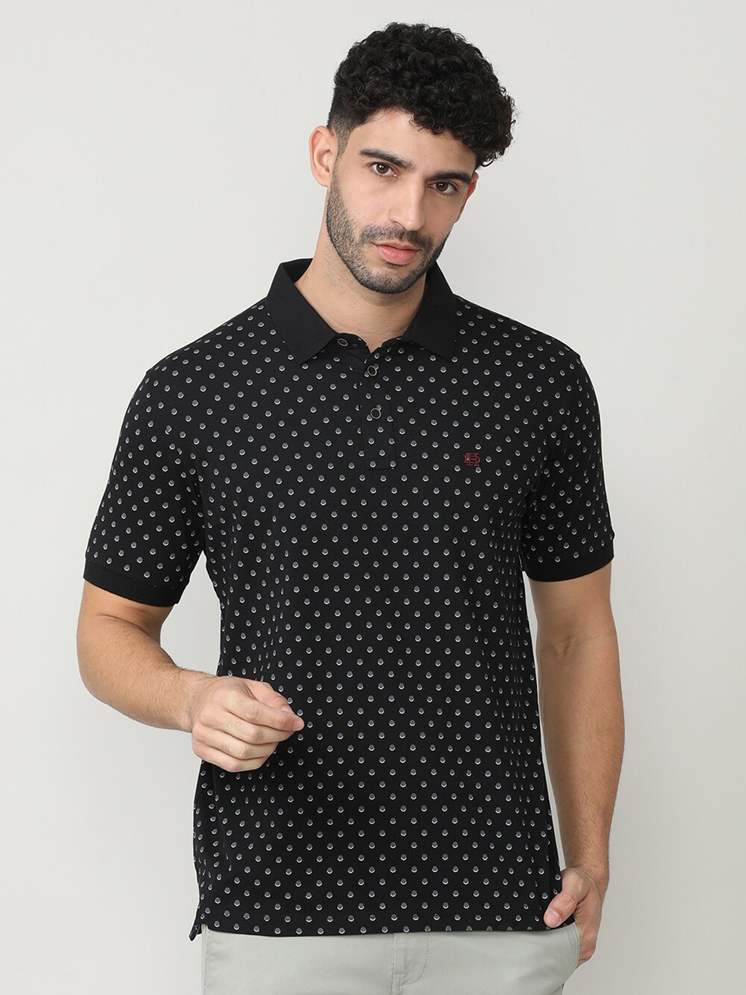 

DRAGON HILL Geometric Printed Polo Collar Slim Fit Cotton T-shirt, Black