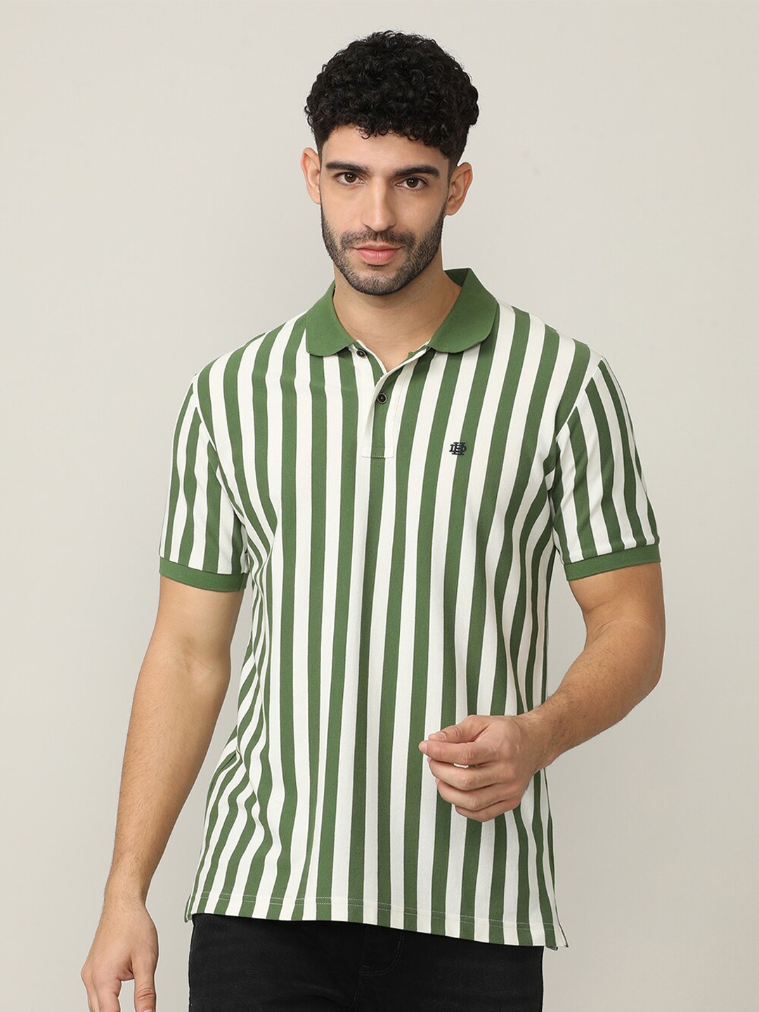 

DRAGON HILL Striped Polo Collar Slim Fit Cotton T-shirt, Sea green