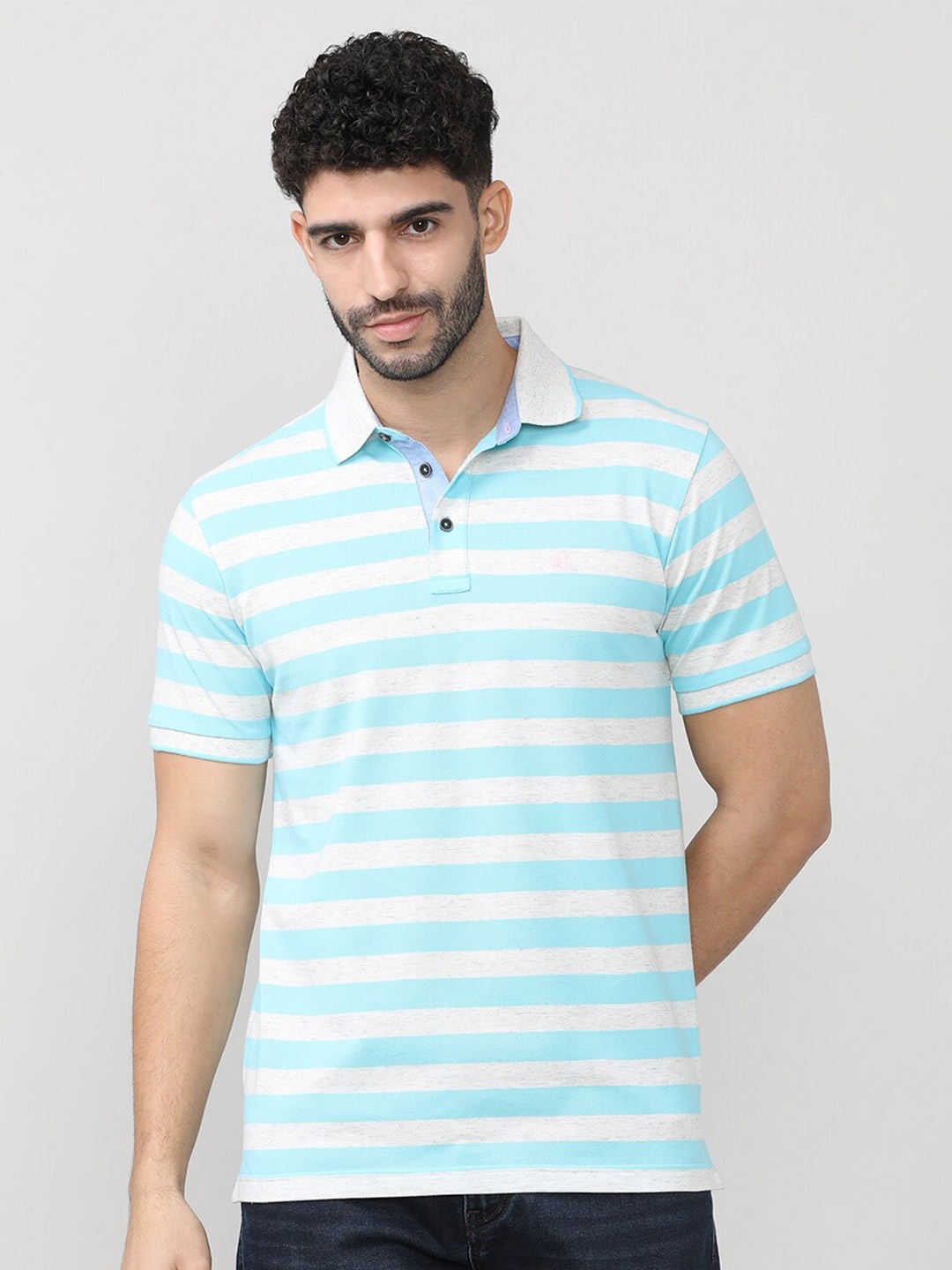 

DRAGON HILL Striped Polo Collar Cotton Slim Fit T-shirt, Sea green