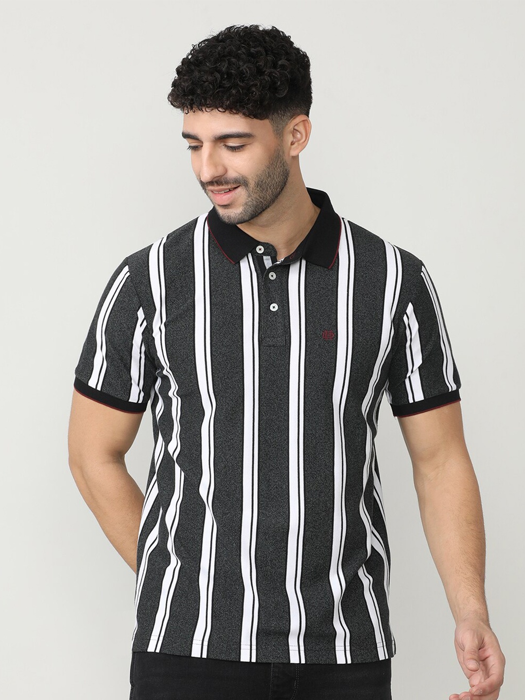 

DRAGON HILL Striped Polo Collar Slim Fit Cotton T-shirt, Charcoal