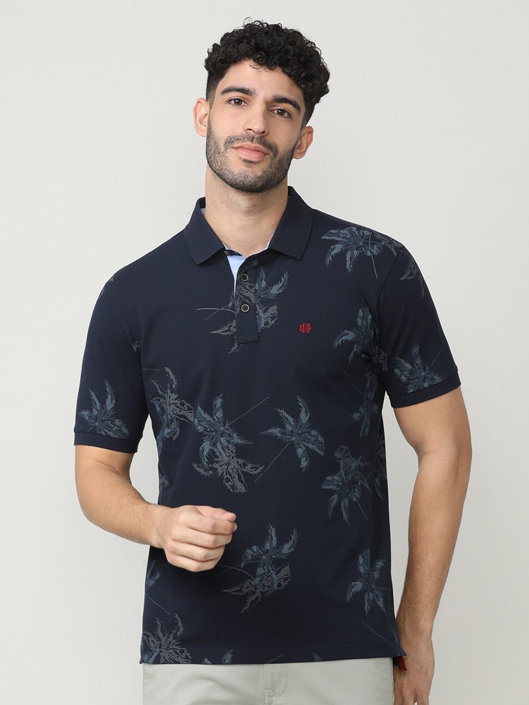 

DRAGON HILL Floral Printed Polo Collar Slim Fit Cotton T-shirt, Navy blue